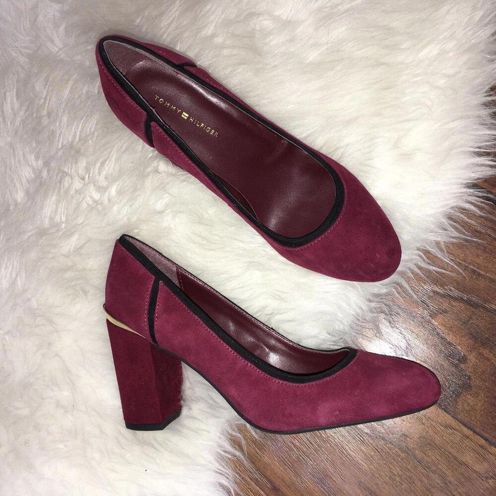 Tommy Hilfiger Womens Size 8 Pump 3.5" Heels Burgundy Suede Gold Tone